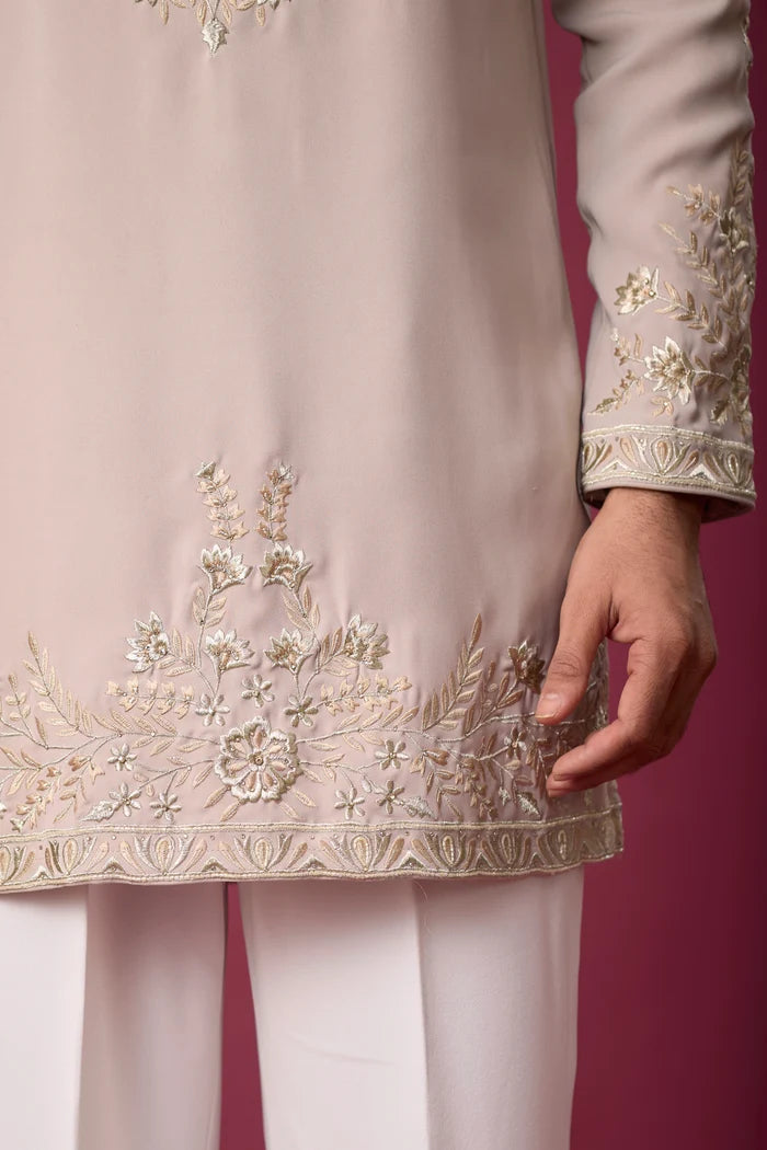 Blush Pearl Floral Embroidered Kurta Set for Men – Full Length View | Mahavir NX
