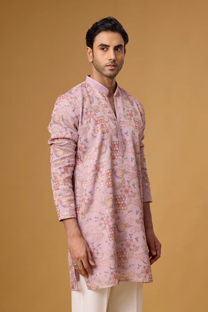 Pink Brocade Ethnic Kurta Pajama Set for Men – Front View | Mahavir NX