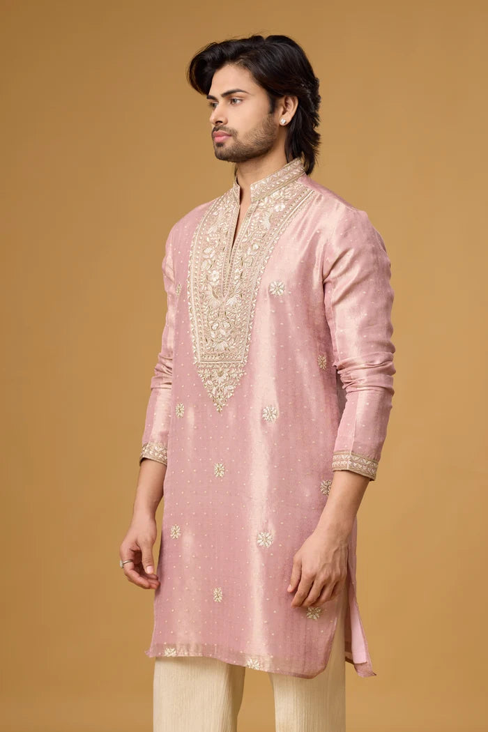 Blush Pink Floral Embroidered Kurta for Men – Wedding Wear | Mahavir NX