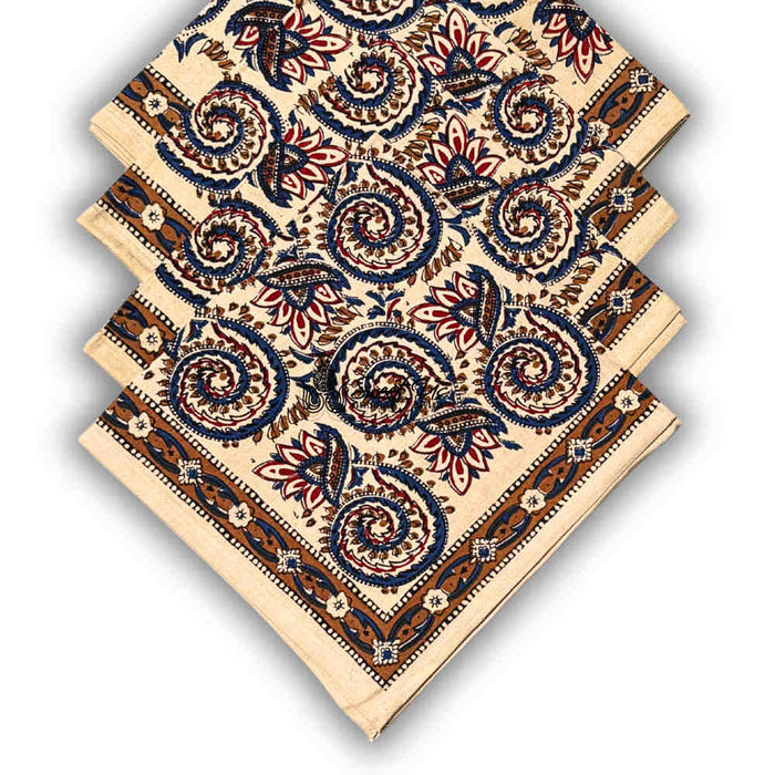Botanic Swirls Block Print Cotton Set of 4 Napkins, Sandstone Sunset