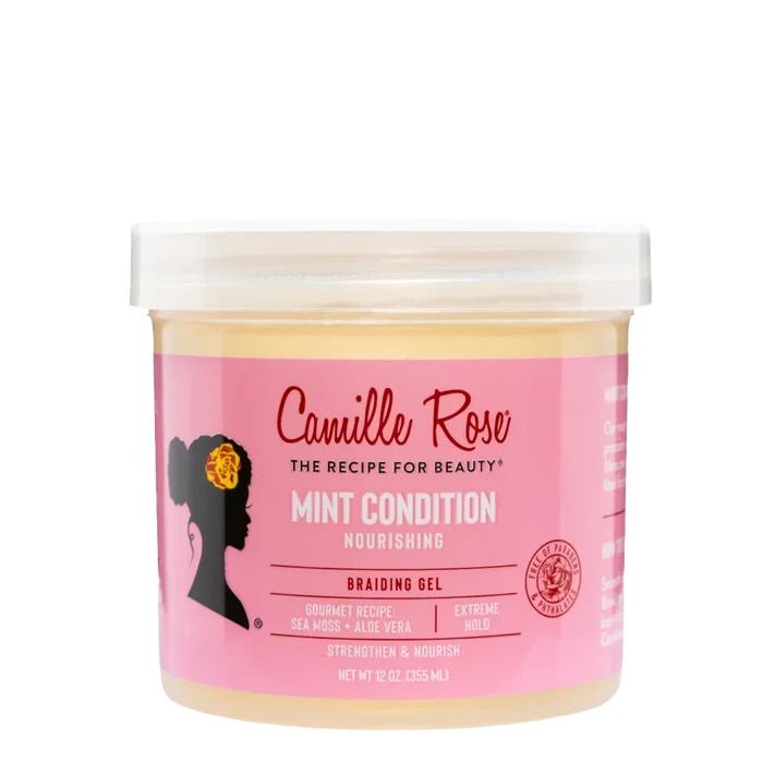 A jar of Camille Rose Mint Condition Nourishing Braiding Gel on a solid white background. The product is in a clear plastic jar showing the pale yellow gel inside, with a pink label featuring a black silhouette of a woman with braided hair.