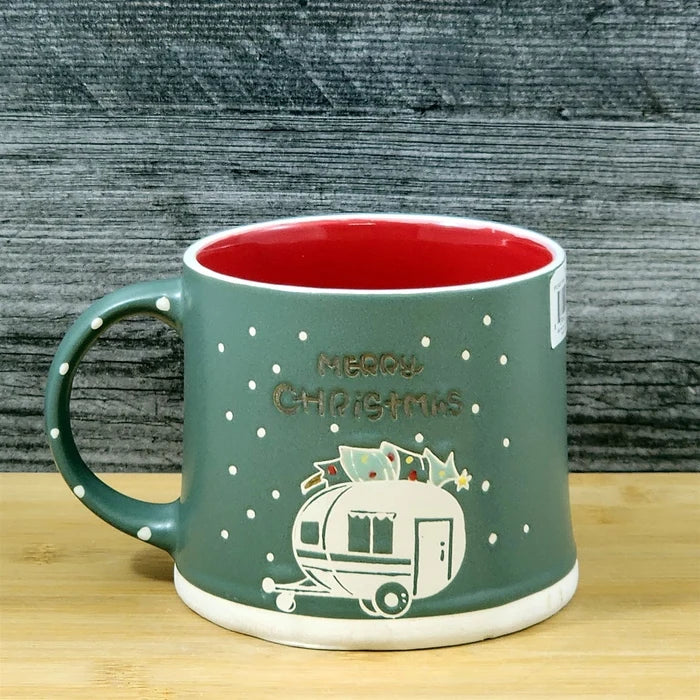 Camping Coffee Mug Christmas Holiday Red Embossed Tea Cup Ceramic Blue Sky 17oz