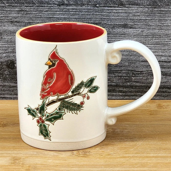 Cardinal Coffee Mug Ceramic Holiday Embossed Christmas Red Cup Blue Sky 16oz