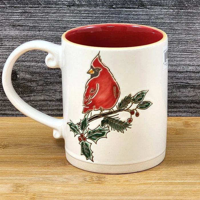Cardinal Coffee Mug Ceramic Holiday Embossed Christmas Red Cup Blue Sky 16oz