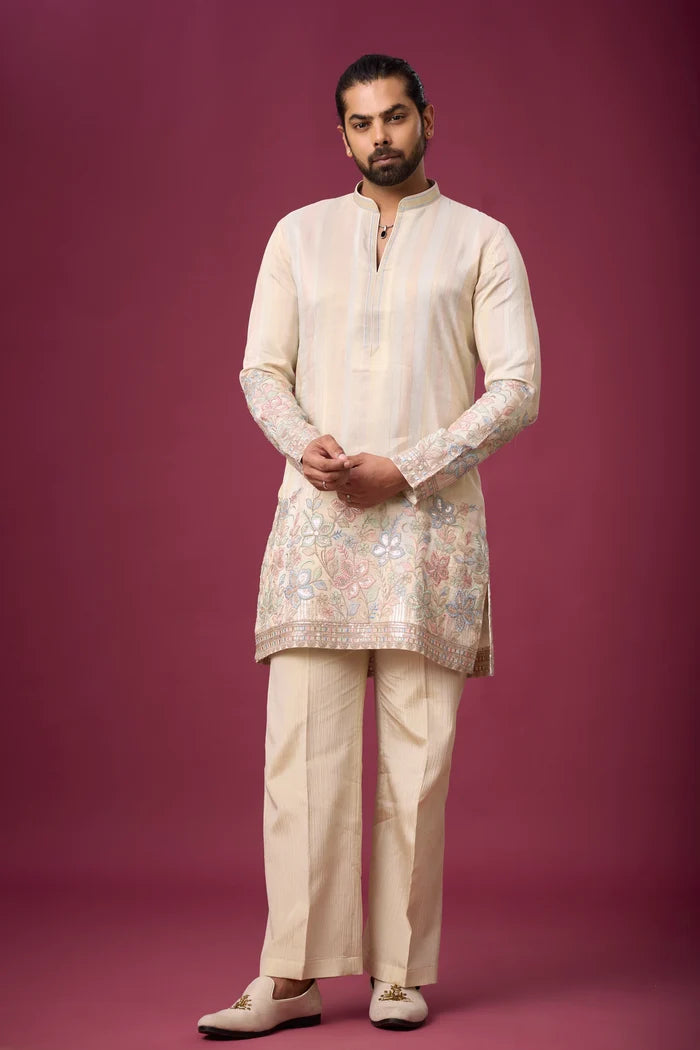 Woven Texture Botanical Hem Border Kurta – Wedding Wear | Mahavir NX