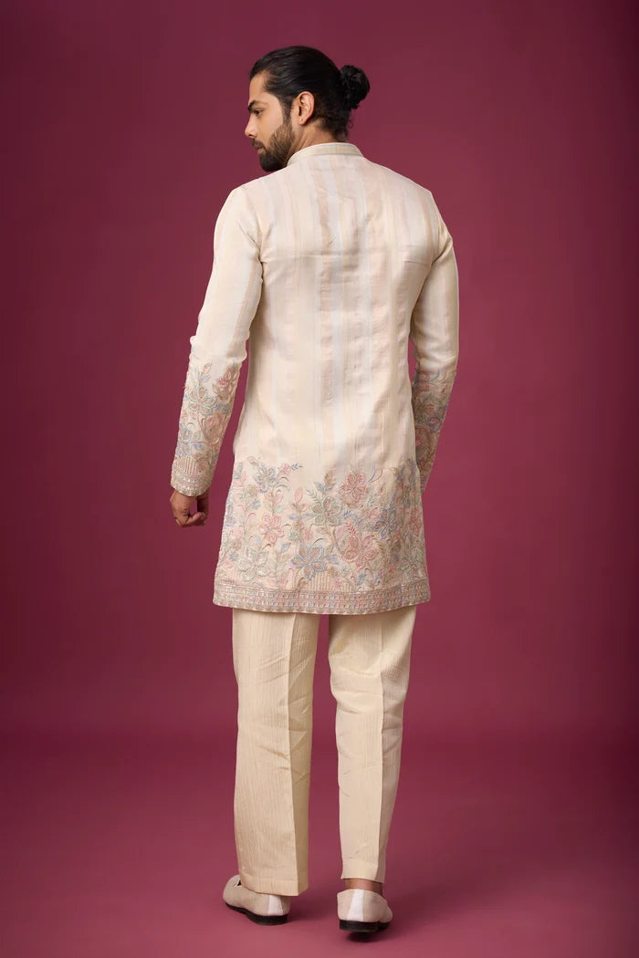 Champagne Beige Floral Border Kurta Pajama Set – Front View | Mahavir NX