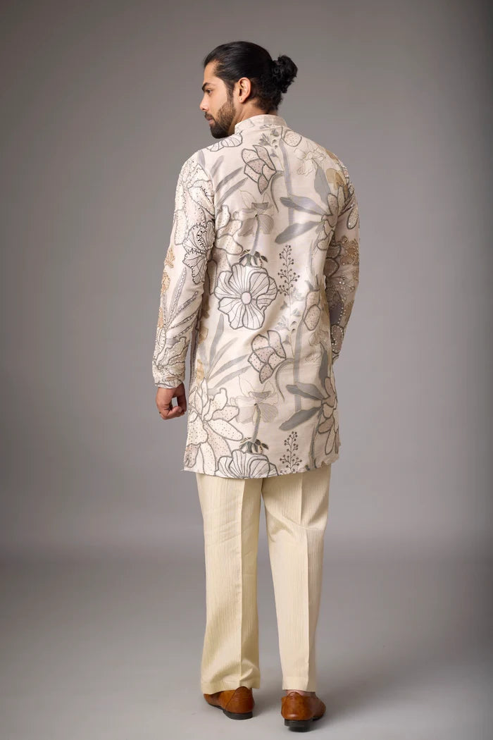 Champagne All-Over Floral Kurta Pajama Set – Front View | Mahavir NX