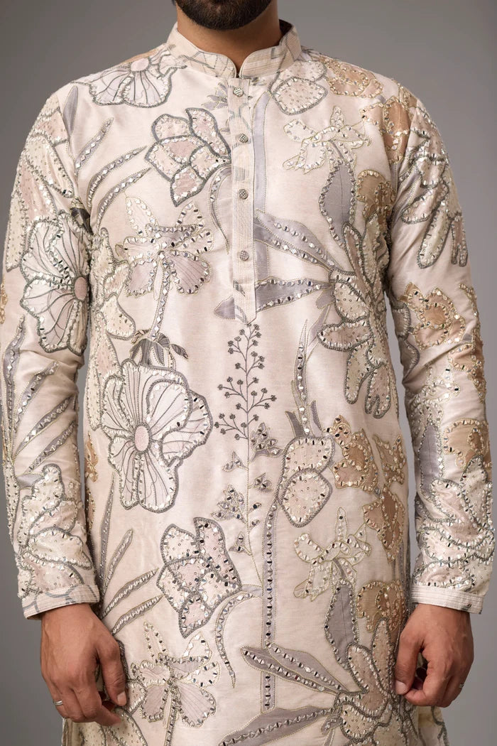 Designer Champagne Botanical Floral Ethnic Kurta – Side View | Mahavir NX