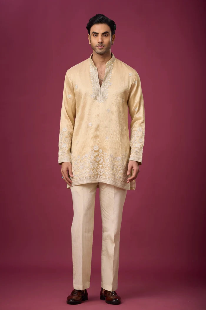 Champagne Gold Floral Border Kurta Set for Men | Mahavir NX