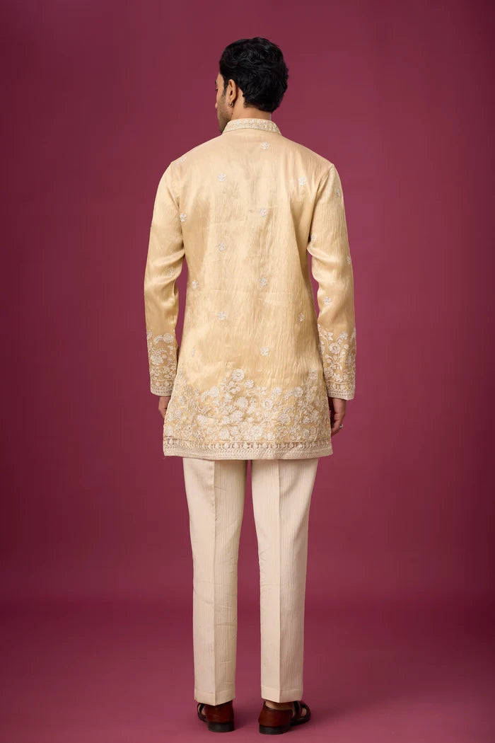 Champagne Gold Floral Border Kurta Pajama Set – Front View | Mahavir NX