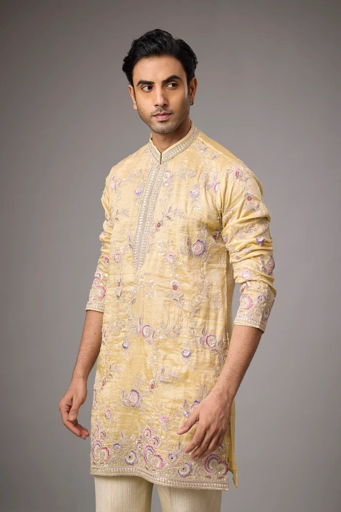 All-Over Floral Embroidered Champagne Kurta – Festive Wear | Mahavir NX
