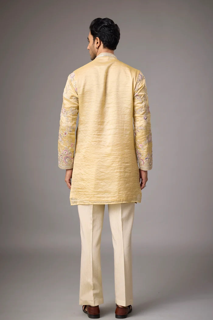 Champagne Gold Floral Kurta Pajama Set – Front View | Mahavir NX