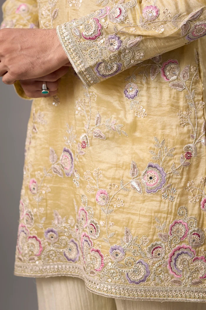Champagne Gold Floral Embroidered Kurta Set – Full Length View | Mahavir NX