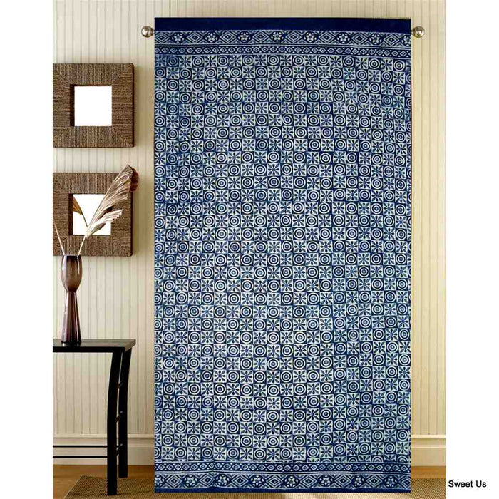 Block Print Dabu Cotton Floral Curtain Drape Panel 46x88 Indigo Blue - Sweet Us