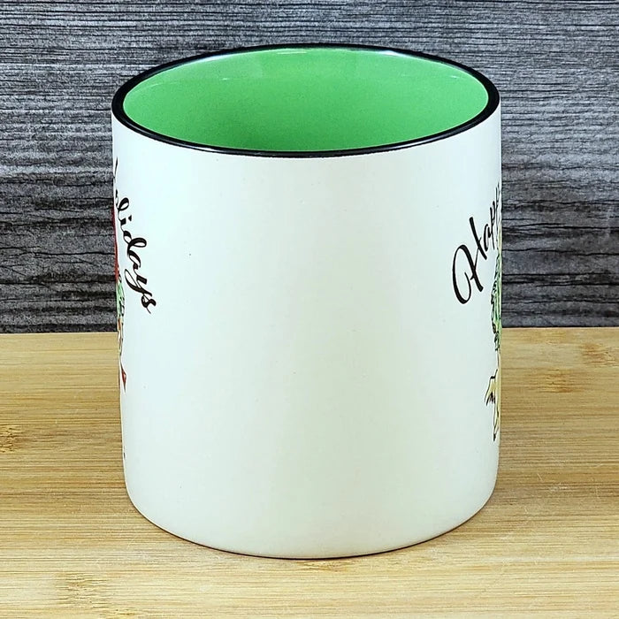 Christmas Dog in Santa Hat Wreath Ceramic Mug Blue Sky Ceramic Green Cup 21oz