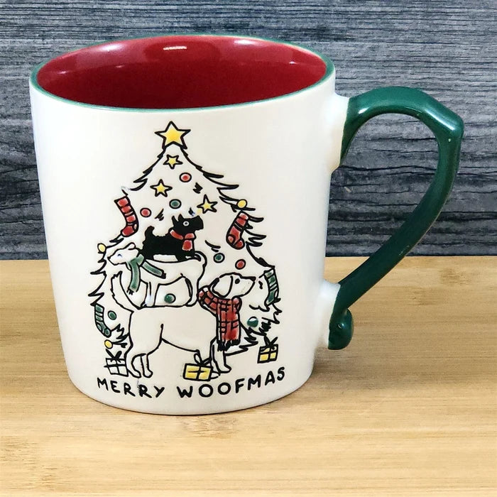 Christmas Dogs in Tree Coffee Mug Ceramic Red Cup Holiday Blue Sky 18oz