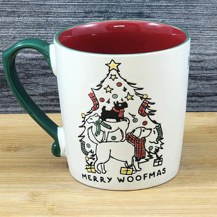 Christmas Dogs in Tree Coffee Mug Ceramic Red Cup Holiday Blue Sky 18oz