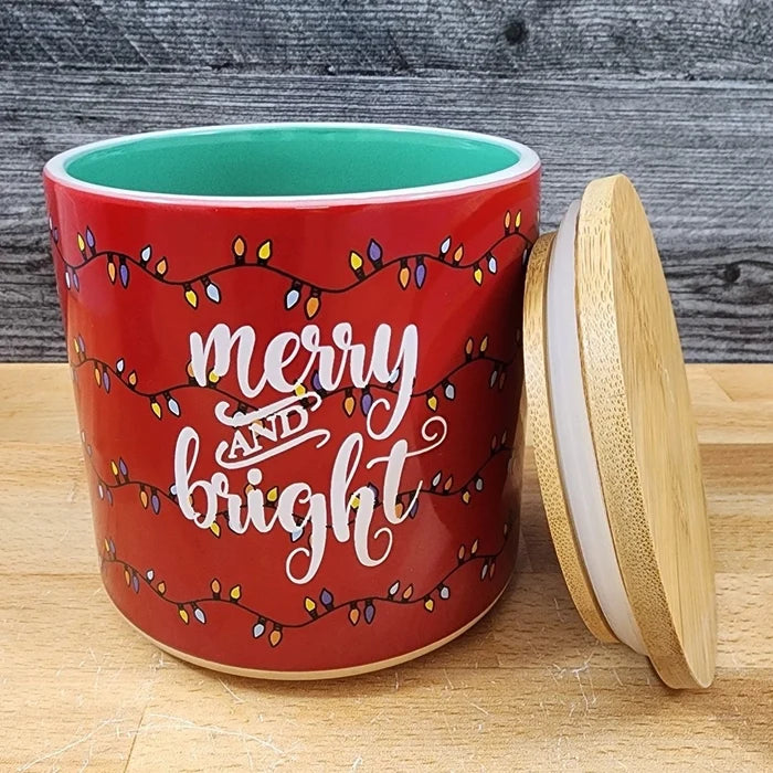 Christmas Holiday Canister & Bamboo Lid Embossed 4" Ceramic Jar Blue Sky Green