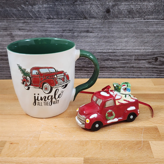 Christmas Red Truck Mug & Matching Ornament Set Holiday with Gift Box Blue Sky