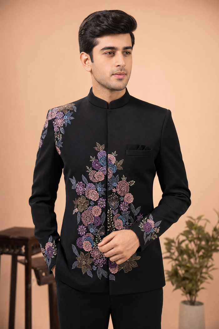 Classic Black Floral Embroidered Jodhpuri Suit for Men | Mahavir NX