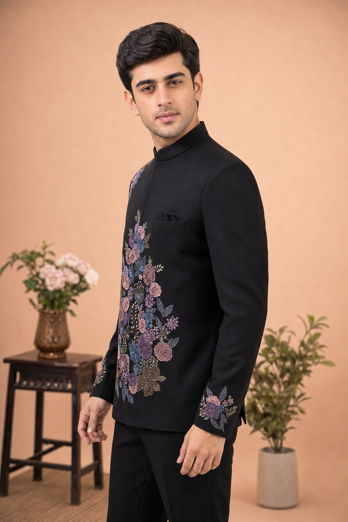 Black Floral Jodhpuri Suit for Men – Reception & Party Wear | Mahavir NX