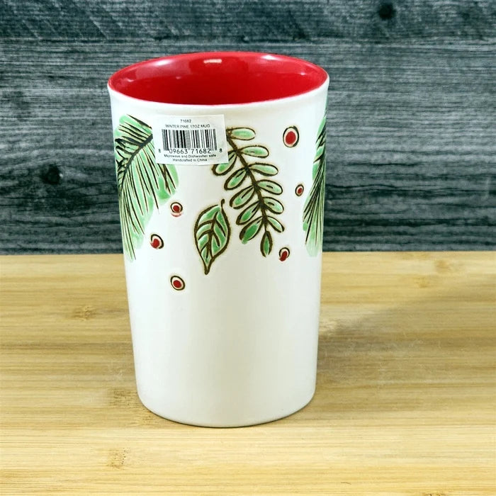 Coffee Mug Christmas Pine Berry Holiday Red Embossed Cup Ceramic Blue Sky 17oz