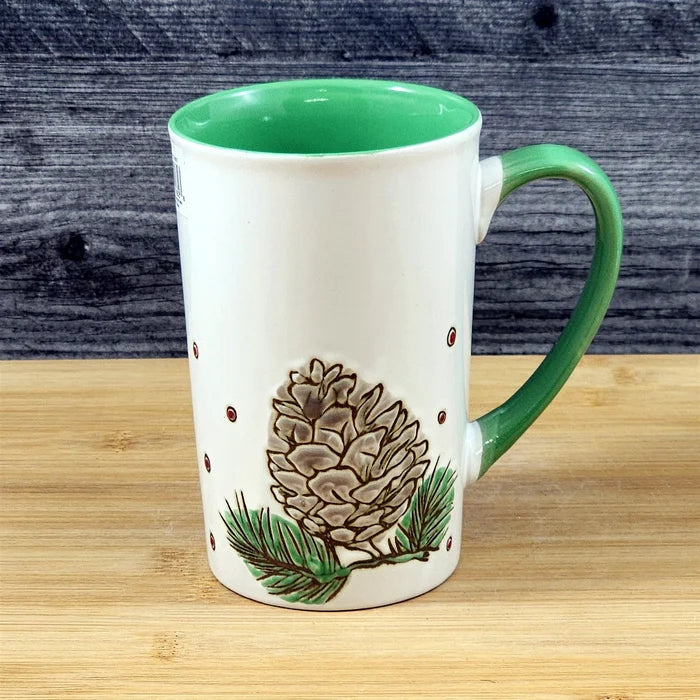 Coffee Mug Christmas Pine Cone Holiday Green Embossed Cup Ceramic Blue Sky 17oz