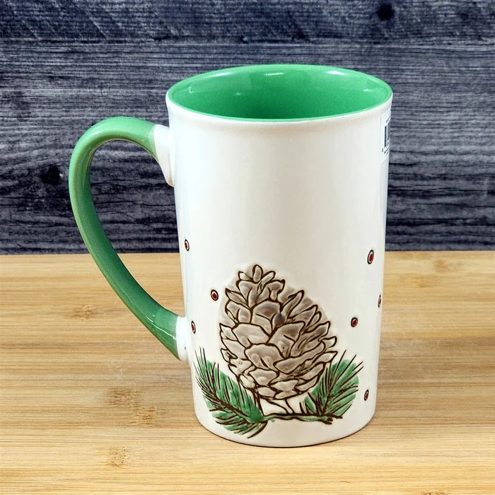 Coffee Mug Christmas Pine Cone Holiday Green Embossed Cup Ceramic Blue Sky 17oz