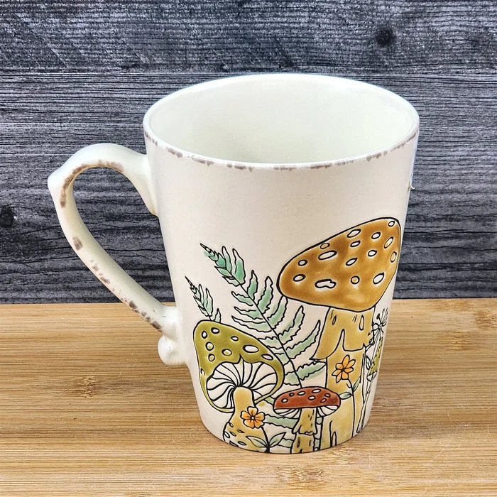 Coffee Mug Morel Mushroom Cup Ceramic Brown Green Floral Garden Blue Sky 17oz