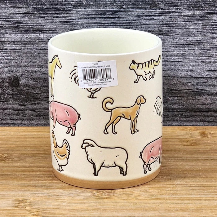 Coffee Mug Rustic Farm Animals Cow Pig Rooster Dog Ceramic Tea Cup Blue Sky 16oz
