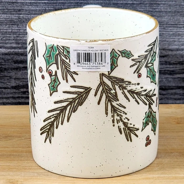 Coffee Mug Winter Holly Christmas Holiday Ceramic Tea Cup Blue Sky 16oz Embossed