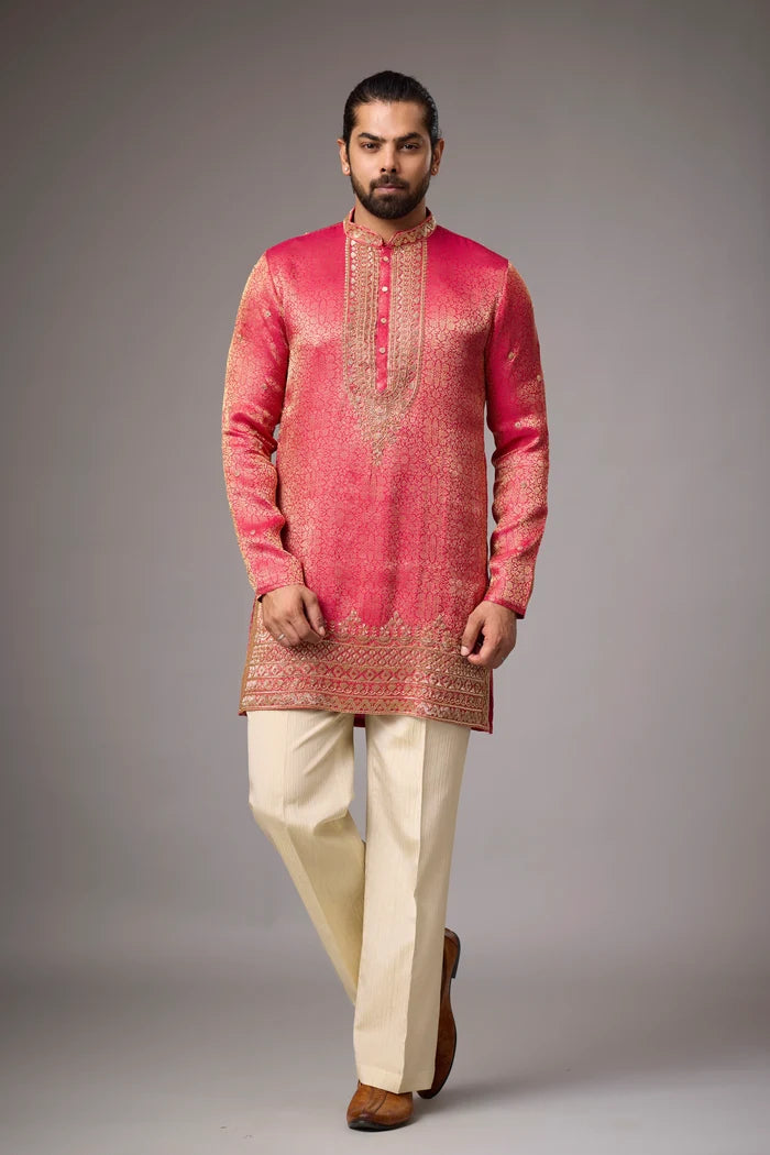 Coral Pink Regal Brocade Kurta Set for Men | Mahavir NX