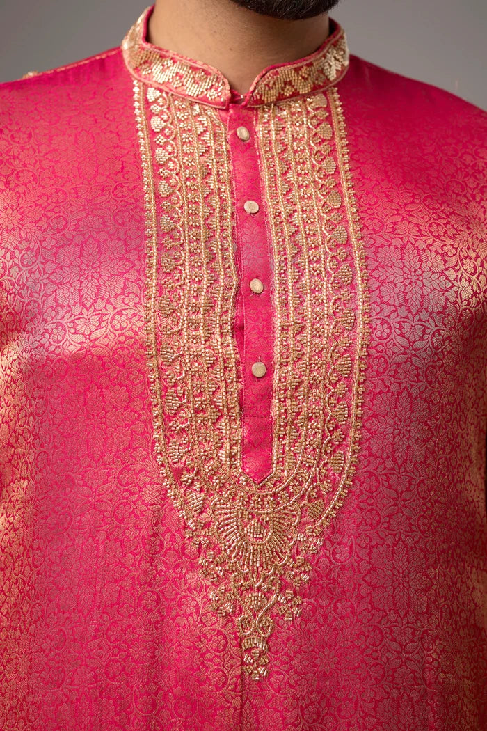 Gold Embroidered Border Brocade Kurta – Reception Wear | Mahavir NX