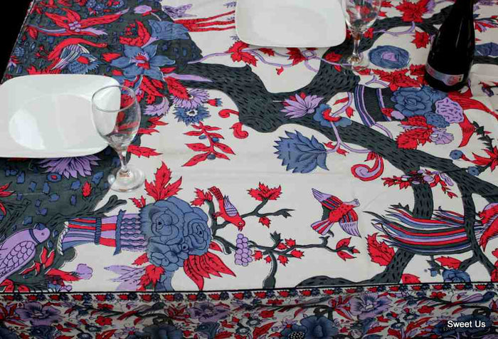 Cotton Tree of Life Floral Tablecloth Rectangle White Gray Blue Purple - Sweet Us