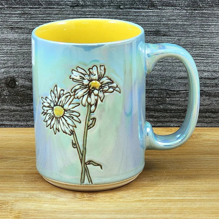 Daisy Flowers Summer Coffee Mug Yellow Tea Cup Ceramic Embossed Blue Sky 18oz