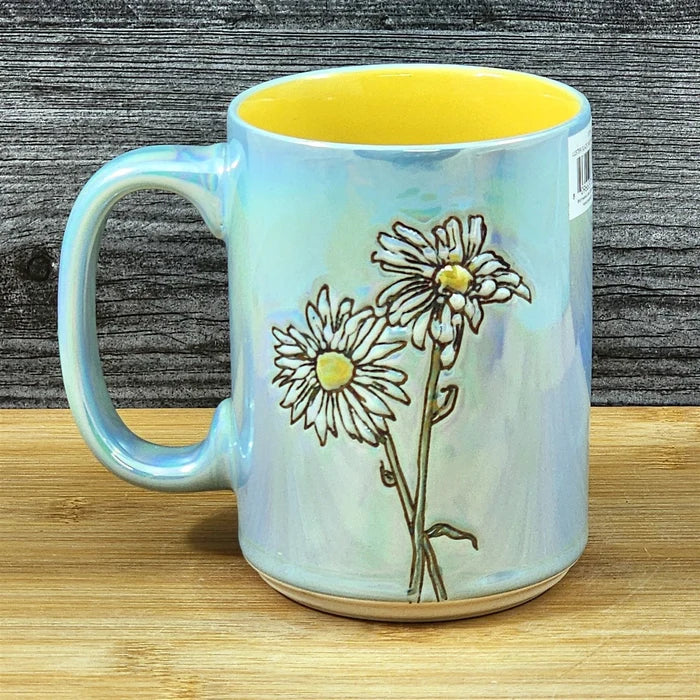 Daisy Flowers Summer Coffee Mug Yellow Tea Cup Ceramic Embossed Blue Sky 18oz