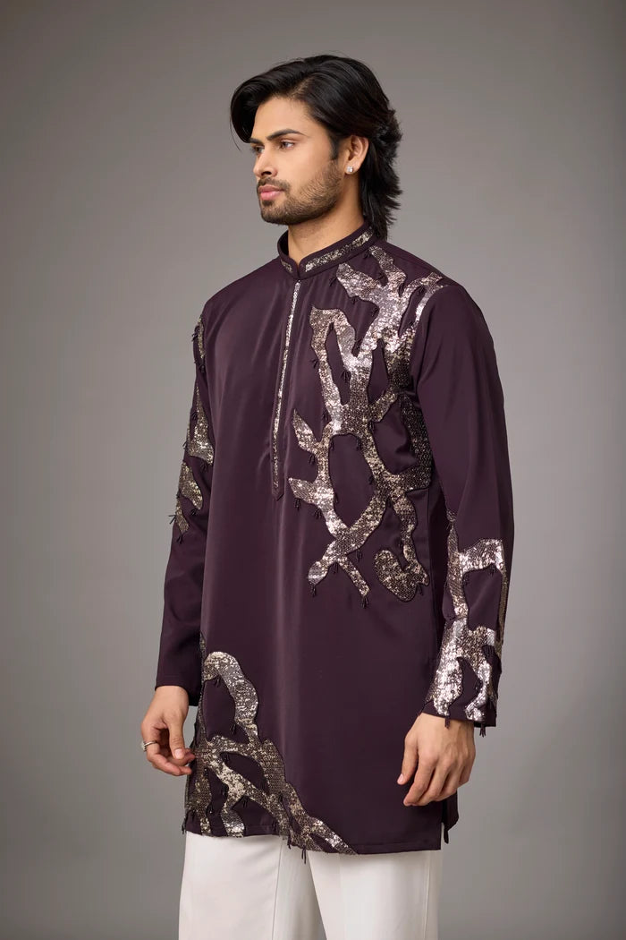 Contemporary Kurta Set for Men – Asymmetric Metallic Embroidery | Mahavir NX