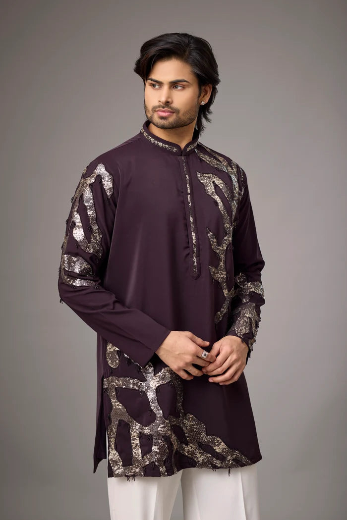 Abstract Embroidered Plum Kurta Set – Wedding Ethnic Wear | Mahavir NX