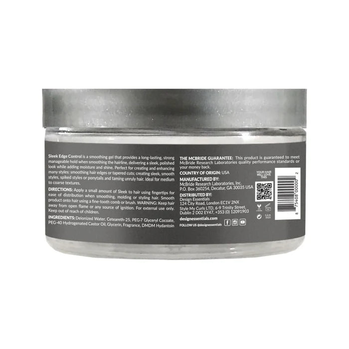 Back label of Design Essentials Sleek Edge Control Hair Gel, 3.7 oz, showing product description, directions, ingredients, manufacturer information, barcode, and QR code.