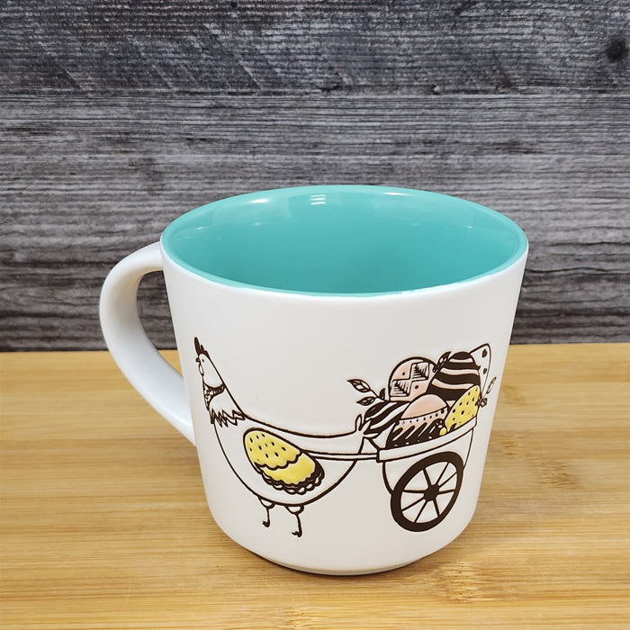 Easter Basket Coffee Mug Bunny & Cart Ceramic Tea Cup Aqua Inside Blue Sky 14oz