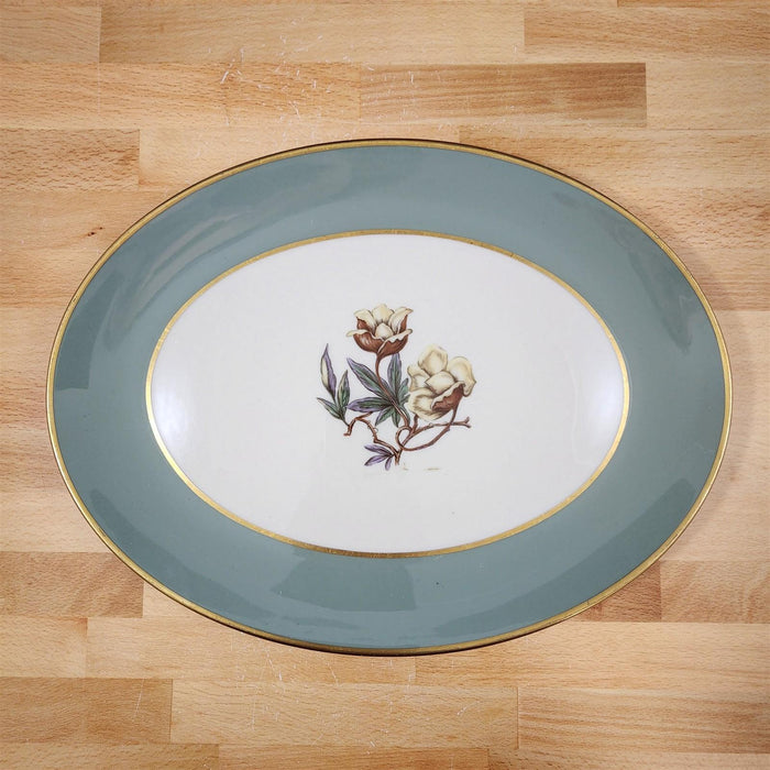 Flintridge Avalon Oval Platter Floral Sage Green Gold Trim Ceramic