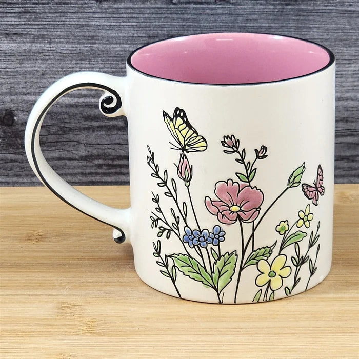 Floral Coffee Mug Summer Butterfly's Pink Flowers 21oz Cup Embossed Blue Sky