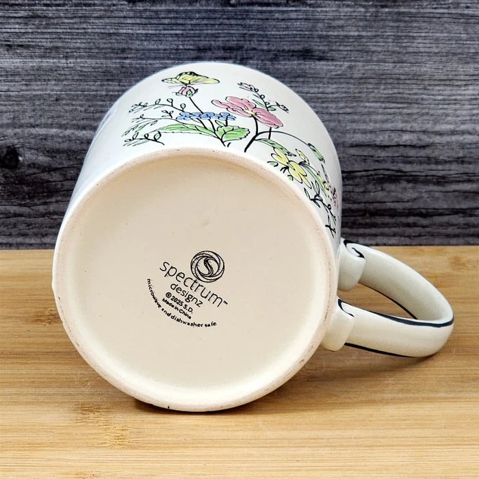 Floral Coffee Mug Summer Butterfly's Pink Flowers 21oz Cup Embossed Blue Sky