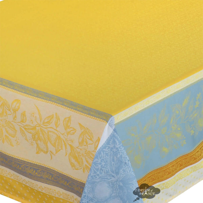 62x78" Rectangular Cedrat Yellow & Blue French Jacquard Cotton Tablecloth by Tissus Toselli