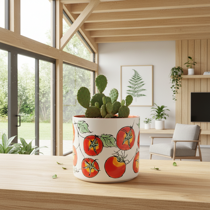 Garden Red Tomato Planter Utensil Organizer Pot Ceramic Crock Blue Sky 5in