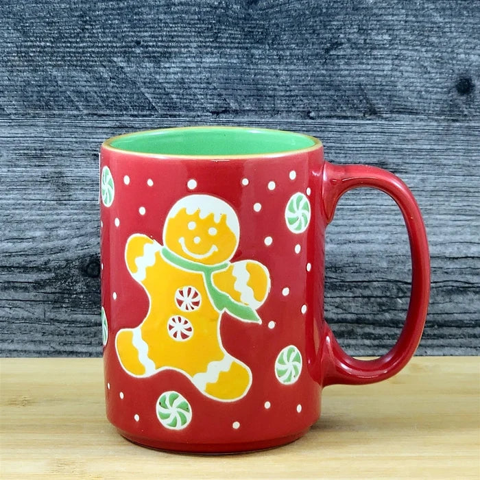 Gingerbread Christmas Coffee Mug Ceramic Holiday Cup Red Green 18oz Blue Sky