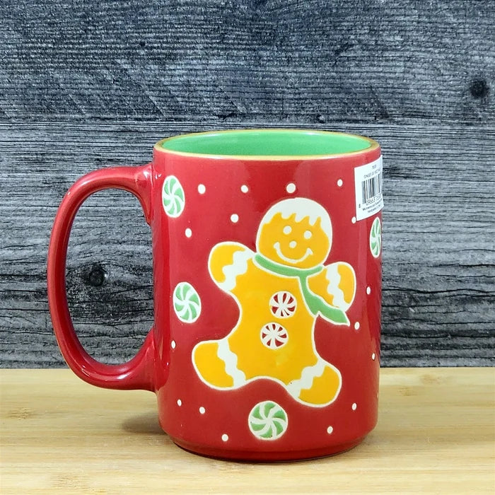Gingerbread Christmas Coffee Mug Ceramic Holiday Cup Red Green 18oz Blue Sky