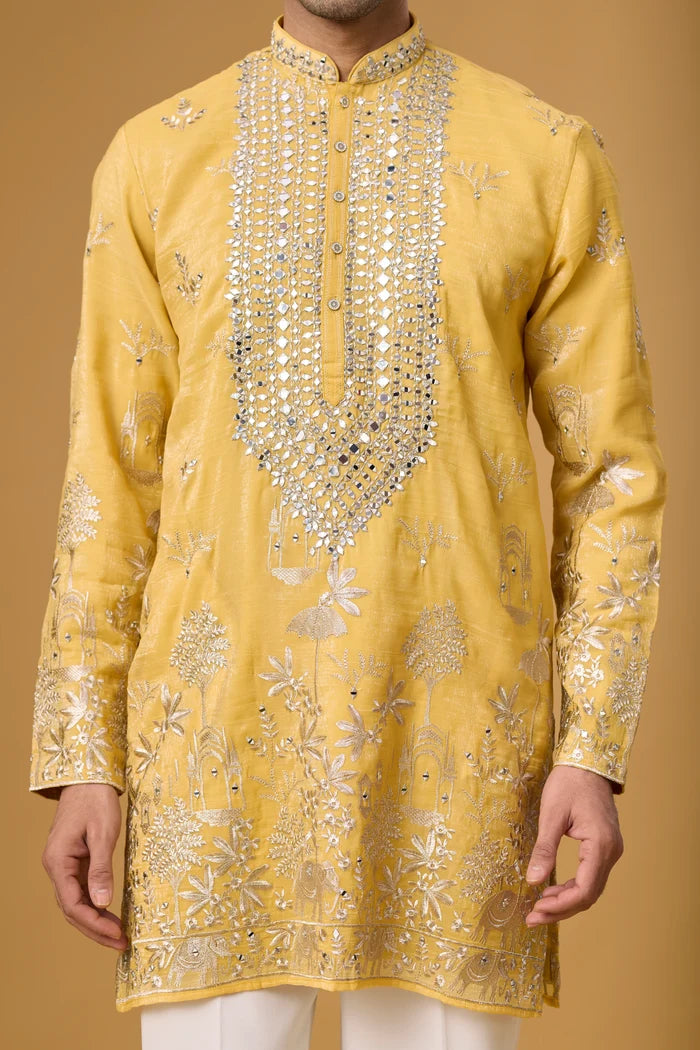 Designer Golden Yellow Ethnic Kurta Set – Side View | Mahavir NX