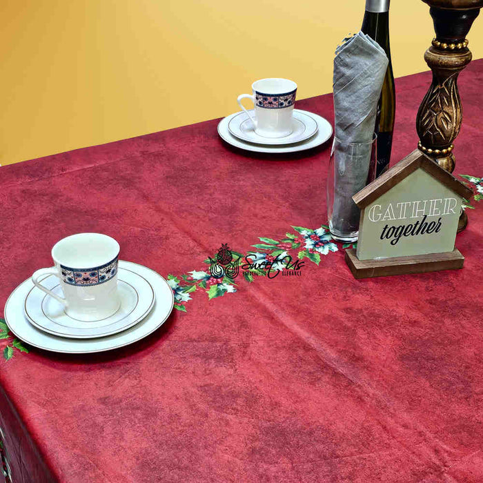 Guirlande d'Hiver Spill-Resistant Bordered Tablecloth — Rouge Cardinal - Sweet Us