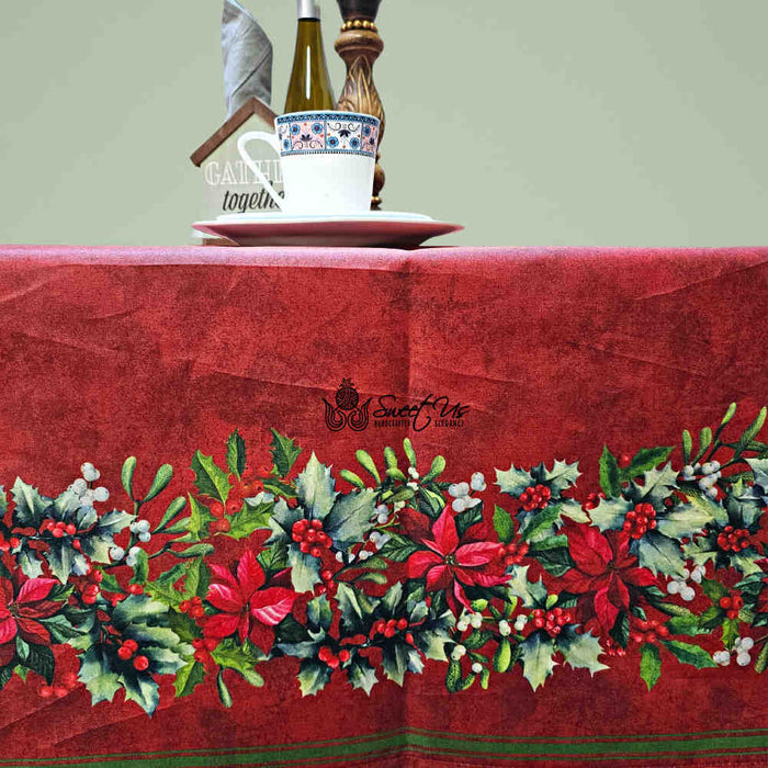Guirlande d'Hiver Spill-Resistant Bordered Tablecloth — Rouge Cardinal - Sweet Us